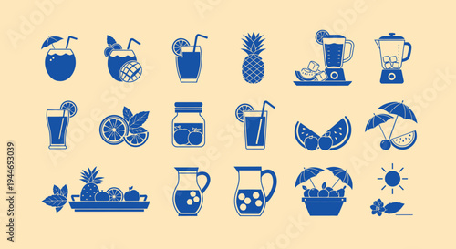 Summer Drinks and Fruits Icons: Tropical Cocktails, Juices, Pineapple, Citrus, Blender