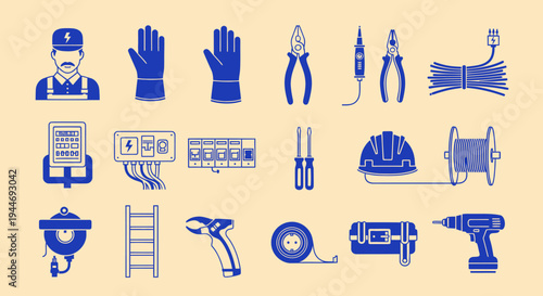 Electrician Tools and Equipment Icons Set. Vector Illustration.