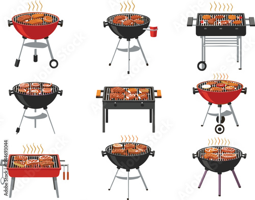 Variety of barbecue grill illustrations with steaming hot food, charcoal designs, portable styles, and outdoor cooking equipment for grilling