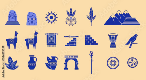 Ancient Inca Icons: Llama, Sun, Mountains, Masks, Pottery, Architecture