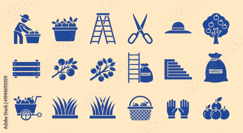 Harvesting Icons: Apple Picking, Gardening, and Farm Tools Set