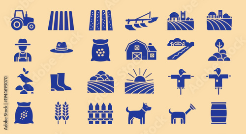 Farm Icons Set: Tractor, Farmer, Barn, Scarecrow, Wheat, Rural Life. Vector Icons.
