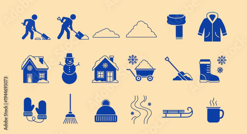 Winter Icons Set: Snow, Shoveling, House, Snowman, Sled, Warm Clothes