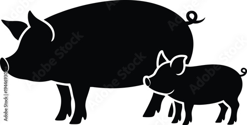 Mother pig with her small piglet standing closely together in a black and white silhouette