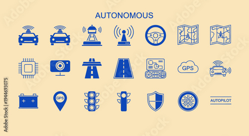Autonomous Driving Icons: Self-Driving Car Technology, Navigation, and AI