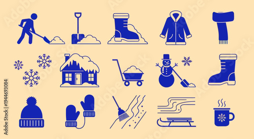 Winter Icons Set: Snow Removal, Warm Clothing, and Winter Activities