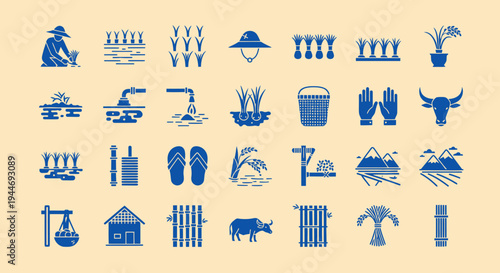 Farming and Agriculture Icons Set: Rice Cultivation, Rural Life, Tools, Animals