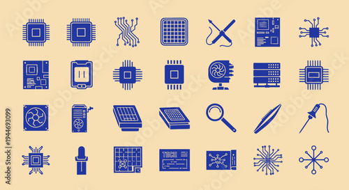 Computer Hardware Icons: CPUs, Motherboards, Fans, Tools, and Circuits
