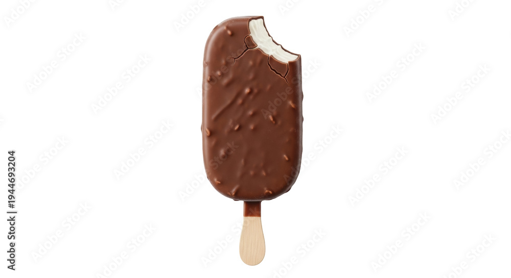 Fototapeta premium Chocolate ice cream bar with nuts isolated PNG, delicious frozen dessert on a stick with a bite taken out on transparent background