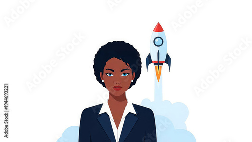 A determined African American businesswoman standing next to a rocket