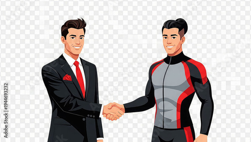 Two men in business and sports attire shaking hands in a vector graphic illustration