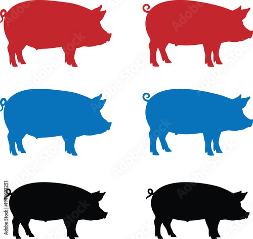Three pairs of stylized pigs in different colors standing side by side