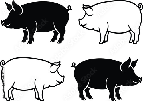 Four stylized pigs in contrasting black and white illustrations