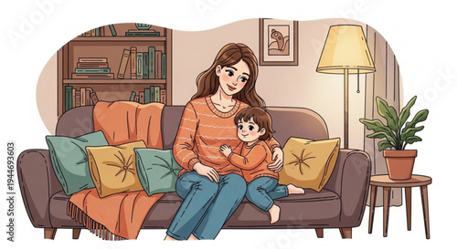 Mother and child sitting on couch in living room on transparent background silhouette