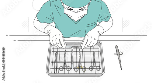 Surgeon Preparing Surgical Instruments for Operation in Sterile Tray