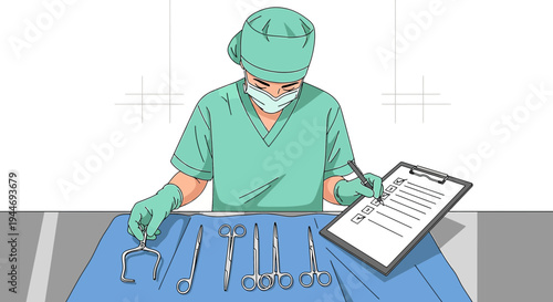 Surgeon Preparing Surgical Instruments for Operation, Checklist in Hand