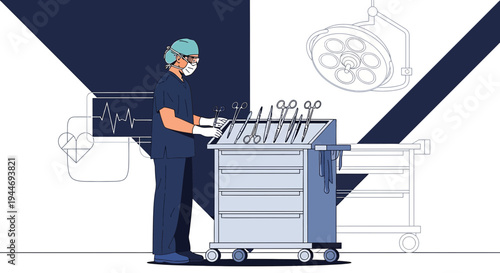 Surgeon Preparing Surgical Instruments on a Cart in Operating Room with Medical Equipment