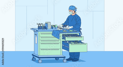 Surgeon Preparing Surgical Instruments on Trolley in Operating Room