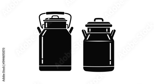 Two vintage milk cans depicted in a stark black silhouette