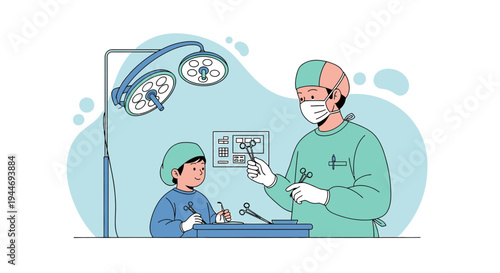 Surgeon teaching child in operating room, medical education, future doctor concept