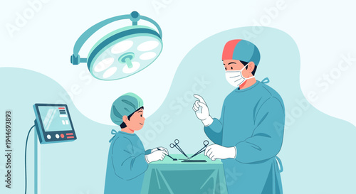 Surgeon Teaching Child Surgical Procedure in Operating Room with Medical Equipment