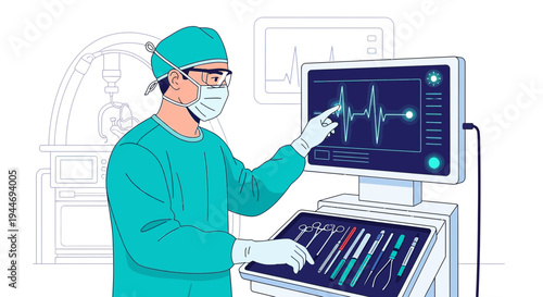 Surgeon using advanced medical monitor with vital signs and surgical instruments