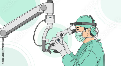 Surgeon using surgical microscope for precision operation, medical technology, healthcare concept
