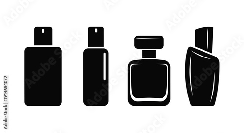 Four perfume bottles displayed in a striking black silhouette