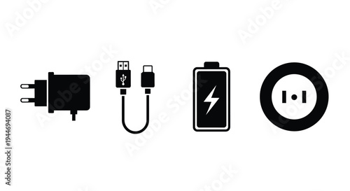 Charging icons including adapters battery and power indicators silhouette
