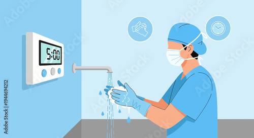 Surgeon washing hands with timer, surgical preparation, hygiene concept