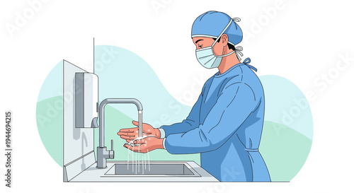 Surgeon washing hands in sink before surgery, sterile procedure, hygiene, medical preparation