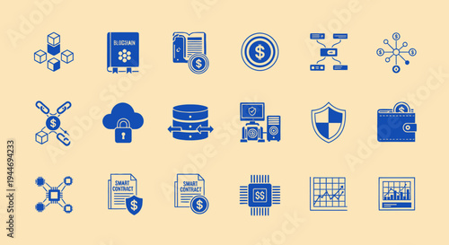 Blockchain Technology Icons: Decentralized Network, Smart Contracts, Security, Finance