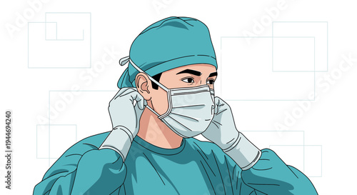 Surgeon Wearing Surgical Mask and Gloves, Preparing for Operation