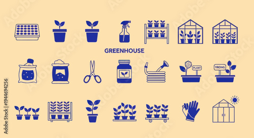 Greenhouse Gardening Icons: Seedling, Plant Care, Growing Supplies