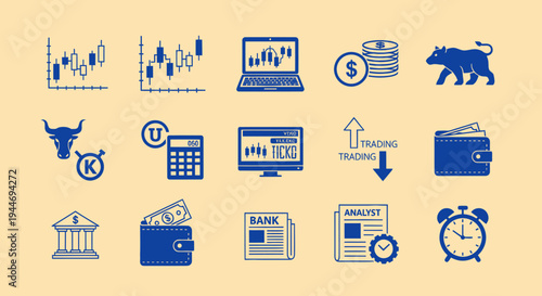 Financial Stock Market Icons Set: Bull, Bear, Trading, Wallet, Bank, Coins