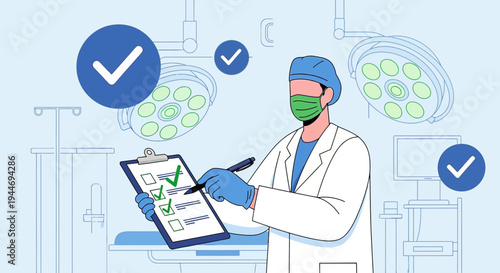 Surgeon with Checklist in Operating Room, Surgical Preparation and Success