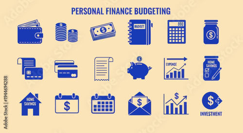 Personal Finance Budgeting Icons: Wallet, Money, Piggy Bank, Calculator, Calendar, Credit Cards