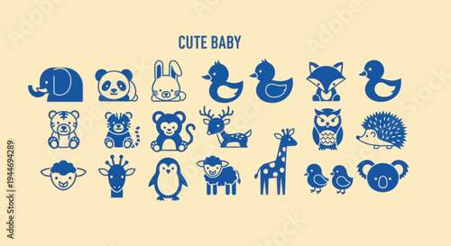 Cute Baby Animals Collection, Simple Vector Icons on Cream Background
