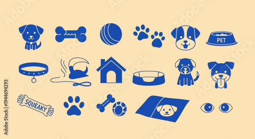 Cute Dog Icons Set: Pet Accessories, Toys, and Breeds - Blue on Beige