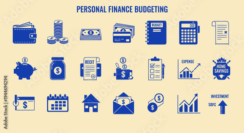 Personal Finance Budgeting Icons Set: Money, Savings, Expenses, Investment
