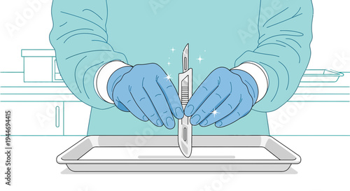 Surgeon's Hands in Gloves Holding Scalpel Over Tray, Surgical Preparation