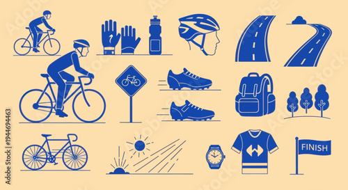 Bicycle Sport Icons: Cyclists, Gear, Road, and Finish Line - Vector Set