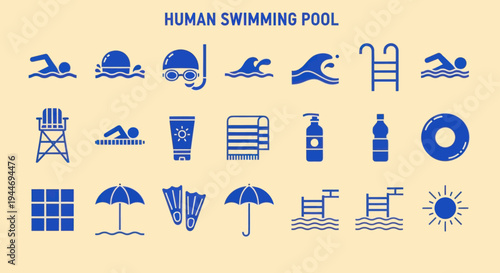 Swimming Pool Icons Set: Recreation, Summer, Water Activities, Beach Gear