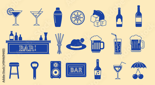 Bar Icons Set: Cocktails, Drinks, Beers, Barware, and Accessories