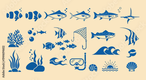 Ocean Life Icons: Fish, Waves, Coral, Snorkel Gear, Seashells, Sun, Bubbles