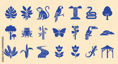 Jungle Animals and Nature Icons: Monkey, Parrot, Toucan, Snake, Frog, Lizard, Butterfly, Plants, Waterfall