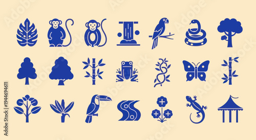 Jungle Icons: Tropical Animals, Plants, Nature Elements on Beige Backdrop