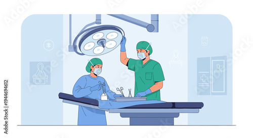Surgeons in Operating Room Preparing for Surgery Under Surgical Lamp