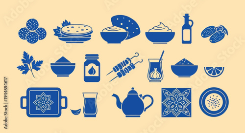 Middle Eastern Food Icons: Falafel, Hummus, Tea, Spices, Dates, Bread