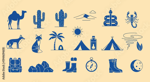 Desert Icons: Camel, Cactus, Snake, Scorpion, Fox, Tent, Sun, Moon, Compass